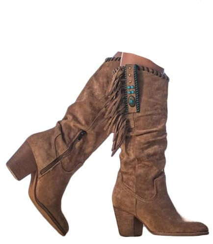 ticticlily Bottes Femme Hiver à Franges Epaisses Bottes à Talons Haut Fête Chaussures au Genou Marron 39 EU