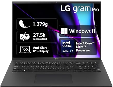 2024 LG gram Pro 17 Zoll Notebook - 1379g Intel Core Ultra7, NVIDIA RTX3050 Laptop (32GB RAM, 2TB Dual SSD, 27h Akkulaufzeit, IPS Panel Anti-Glare Display, Win 11 Home) - Schwarz