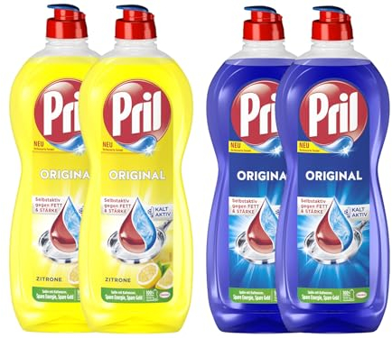 PRIL Original-Set 2x Zitrone & 2x Original, Handgeschirrspülmittel-Set mit höchster Fettlösekraft, für sauberes Geschirr auch in kaltem Wasser, 2x 675ml