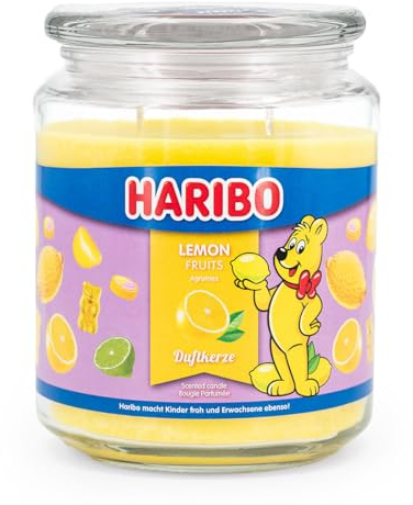 Haribo Duftkerze im Glas | Lemon Fruits 510g | Duftkerze Zitrone | 100h Brenndauer | 2 Dochte | Geschenkidee für Frauen | Sommerkerze