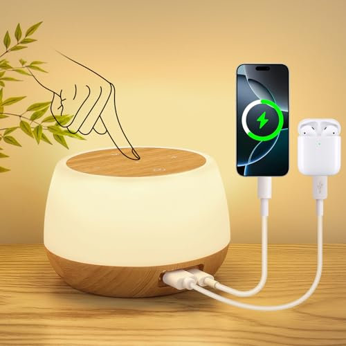 Nachttischlampe mit 20W Ladefunktion, LED Nachttischlampe Touch Dimmbar mit 9 Farben & 3 Modi, Holzmaserung LED Tischlampe, Tischlampe mit Ladefunktion Timing & Memory für deko Wohnzimmer Schlafzimmer