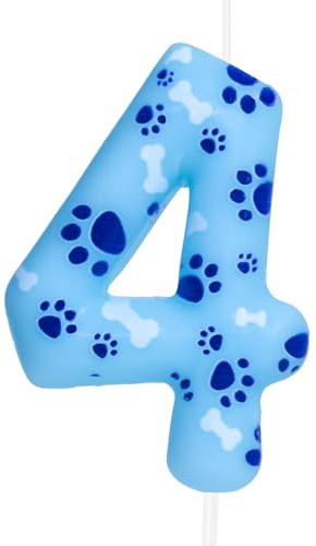 Cxryrzhe Vela de cumpleaños número 4 para decoración de tartas, diseño de huellas de perro azul, decoración para tartas para niños, niñas, suministros de decoración de fiesta