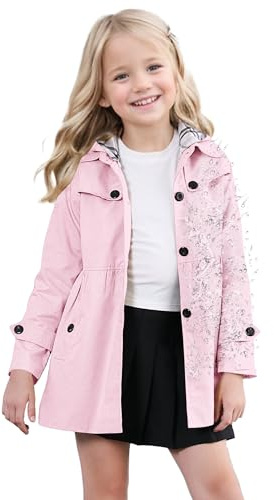 SANGTREE Girl's Waterproof Trench Coat Hooded Rain Jackets Lightweight Rain Coats For Girls, Pink, 9-10 Years = Tag 150