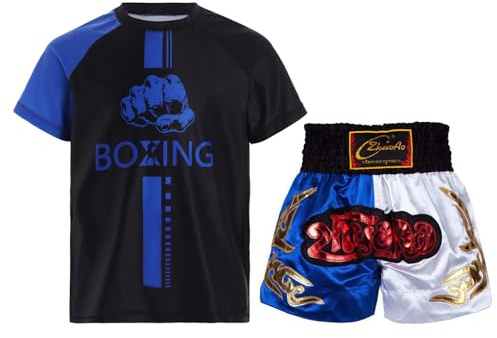 ranrann Barn pojke boxningsset sport kortärmad topp och boxningsshorts Muay Thai MMA sparkar boxning, blå vit, 5-6 �r