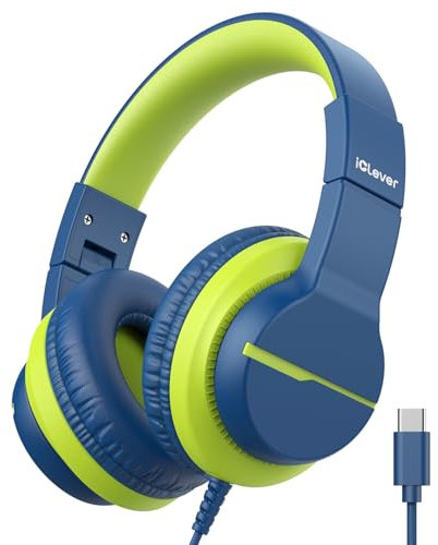iClever Kopfhörer Kinder USB C, Over-Ear für Jungen und Mädchen, sichere Lautstärke 85 dBA, Hi-Fi Klang, Faltbare kabelgebundene Kinder-Kopfhörer für iPad, HS19S