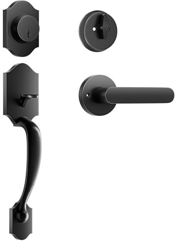 Front Door Lock Set, Front Door Handle with Deadbolt and Door Handle, Entry Door Handle Set with Reversible Lever and Adjustable Handle, Matte Black (Smart Lock)
