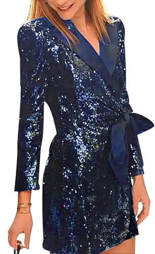 Las Mujeres de Manga Larga V Cuello Fiesta Lentejuelas Vestido Moda Sexy Cintura Multi Color Lentejuelas Traje Cuello Lazo Vestido De Noche Fiesta Glitter Vestidos