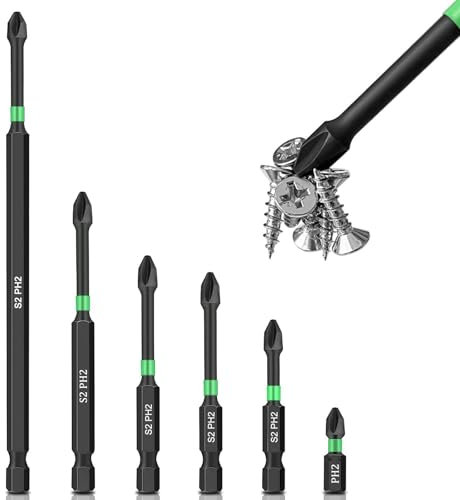 Lot de 2 embouts de tournevis cruciformes PH2 magnétiques antidérapants en acier S2 - Tige hexagonale 1/4 - Embouts de vis cruciformes - 1, 2, 2,6, 2,8, 3,5