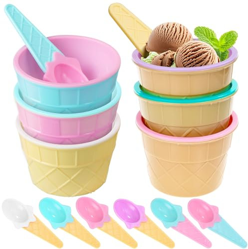 Bailtouk 6 Stück Eisbecher mit Löffeln, Rund Plastik Dessertgläser, Wiederverwendbare Eisbecher Schale Bunte Eisschalen Kinder für Dessert, Joghurt, Snack, Eiscreme (6 Farben)