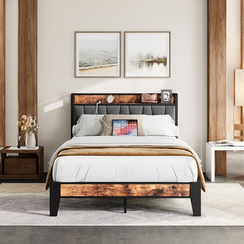 IRONCK Bett 120x200 mit Metal Lattenrost, Bettgestell 120x200cm mit Steckdosen, USB-Anschlüsse & Typ-C-Anschlüsse, Metallbett 120x200 mit Gepolstertem Kopfteil & Stauraum, Jugendbett