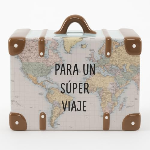 Hucha Decorativa Maleta Ceramica - para un Super Viaje, 14,7 x 13 x 7,1 cm. Hucha con Tapa.