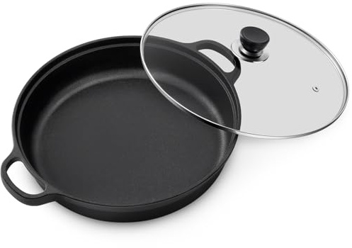 Warmiehomy Cast Iron Griddle Pan with Glass Lid,25cm Round Non-Stick Grill Pan,BBQ Skillet,Frying Pan with 2 Handles for Gas Hob, Electric, Induction & Oven Safe,Flat Surface