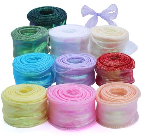 TETEWEVER 10 rollos de cinta de organza con purpurina, 4 cm × 90 cm, cinta de gasa, cinta de seda, cinta de regalo iridiscente, ancha, para manualidades, lazos, bodas, invitaciones, ramo de flores