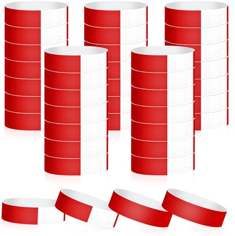 400 Pulseras de Papel Impermeables, Pulseras para Eventos con Etiquetas Personalizables, Brazaletes de Control Reutilizables para Fiestas, Festivales, Clubes y Conciertos (Rojo)