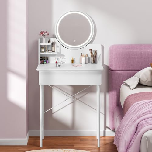 Autrfso Litet sminkbord med spegel och lampor, sminkbord med 1 förvaringslåda och 2 öppna hyllor, sminkbord för flickor presenter, sovrum och små utrymmen vit