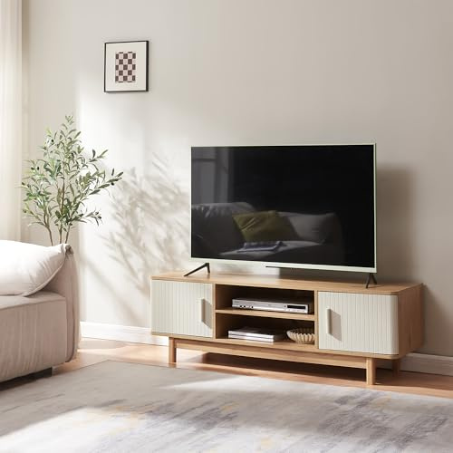 [en.casa] Meuble TV sur Pieds Banc Télévision Armoire Télé avec Compartiments de Rangement Ouverts et Fermés Passage des Câbles pour Salon MDF Bois de Pin 140 x 40 x 45 cm Effet Chêne Couleur Sable