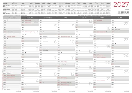 Tafelkalender A4 Hardcover beidseitig 2027: Jahresübersicht 29x21 cm mit 14 Monaten, beidseitig bedruckt, extra starker Karton, Feiertagen, Ferienterminen & Mondphasen ideal für Büro & Homeoffice