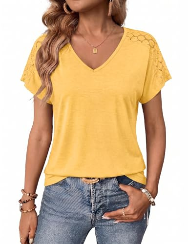Aottori T Shirts Femme Manches Courtes Col en V Hauts Été Ample Dentelle | Léger et respirant, détails ajourés, volume ample, liberté de mouvement, confortable au quotidien et en vacances