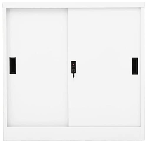 Wynira Armario de oficina con puerta corredera, color blanco, de acero, 90 x 40 x 90 cm, estantes ajustables, cerradura, armario de almacenamiento para oficina, armario archivador y armario colgante