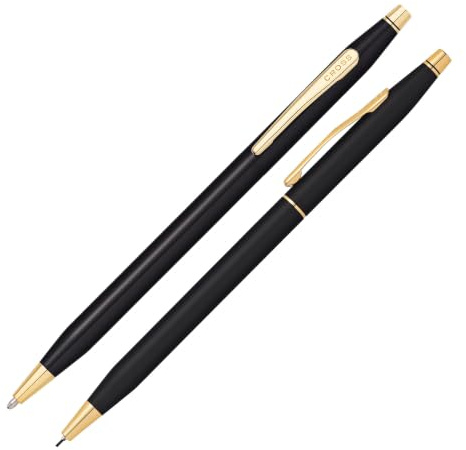 CROSS Classic Century Classic Black Pen and Pencil Set with 23CT Gold-Plated Appointments incl. Premium Gift Box – Refillable Medium Ballpen & 0.7 mm Pencil