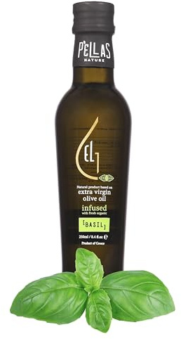Pellas Nature, Organic Basil Infused Greek Extra Virgin Olive Oil, Finishing oil, Gold Award Winner, Kosher, 8.5 oz. Bottle