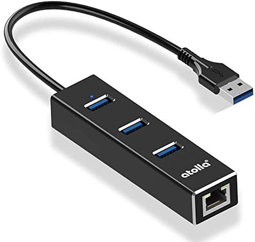 Atolla Hub USB 3.0 multiples 3 Ports avec un RJ45 Adaptateur USB Gigabit Ethernet 1000Mbps Réseau Port Compatible avec Windows Mac OS Chrome OS Linux(Noir)