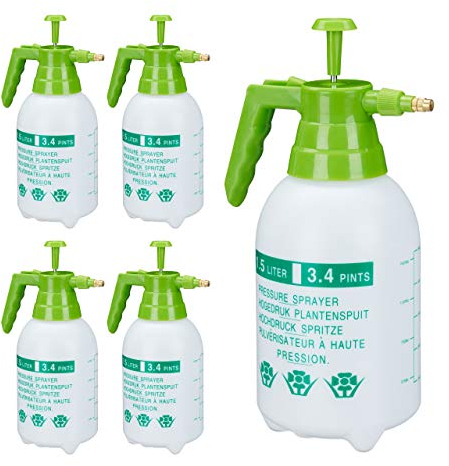 Relaxdays 5 x Drucksprüher, 1,5 Liter, einstellbare Messingdüse, Garten, Bewässerung, Schädlingsbekämpfung, PE, weiß/grün