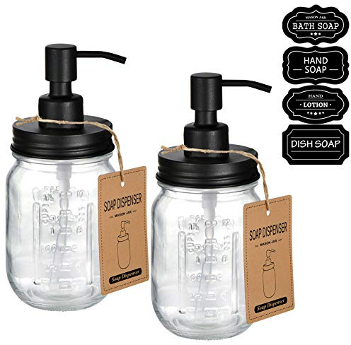 Amolliar Mason Jar Liquid Soap Dispenser -Rustproof Stainless Steel Replacement - Farmhouse Decor for Kitchen/Bathroom,Liquid Soap Pumps for Hand Soap,Dish Soap,Lotions/Black-2 Pack
