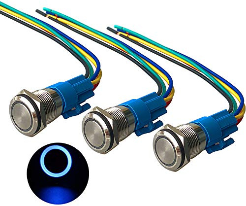QitinDasen 3Pcs Premium 12V / 24V 5A Interruttore a Pulsante Momentaneo, 16mm Interruttore a Pulsante in Metallo con LED Blu, Interruttore Avviamento Auto in Acciaio Inossidabile impermeabile