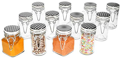 MamboCat - Set di 12 barattoli Takeo I da 90 ml, Motivo retrò Bianco e Nero, Rotondi e rettangolari, con Chiusura a Leva, Contenitore in Vetro