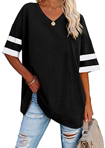 Voopptaw Maglietta da donna estiva casual con scollo a V a righe a mezza manica da donna, comoda maglietta da baseball oversize, Nero , XXL