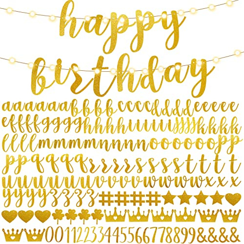 TaoBary 167 Pcs DIY Banner Kit Happy Birthday Glitter Banner Customizable Glitter Make Your Own Kit 162 Letters Symbols and Numbers 3 Rope for Birthday Halloween Wedding Christmas(Gold)