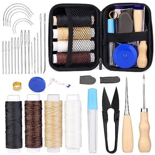 Ensemble de couture en cuir Ensemble d'outils d'artisanat en cuir Fil en cuir Fil ciré avec aiguille en cuir, poinçon à coudre, ciseaux à fil, dé à coudre, ruban à mesurer et sac de rangement