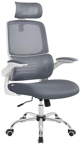 SONGMICS Bürostuhl, Schreibtischstuhl, ergonomisch, klappbare Armlehnen, hohe Rückenlehne, Netzstuhl mit Lendenwirbelstütze und Verstellbarer Kopfstütze, Wippfunktion, Taubengrau OBN040G01