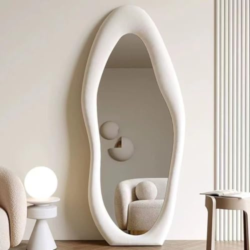 Melodieux Irregular Wavy Mirrors Full Length 160x60cm Free Standing Floor Mirrors for Bedroom Living room Ivory Flannel Wrapped Wooden Frame Decorative Wall Mirror