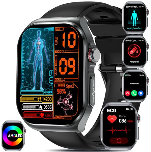 Smartwatch Uomo donna ECG/HRV/Lipidi/Acido Urico/BMI/Sonno,2.04AMOLED 𝐆li𝐜𝐞𝐦𝐢𝐚 Orologio Fitness Chiamate,24h Pressione/Cardiofrequenzimetro/Pulsante SOS/Temperatura Corporea Android iOS(Nero)