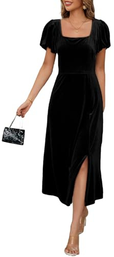 BLENCOT Velvet Dress for Women Square Neck Casual Fall Short Sleeve Thigh Split Formal Long Autumn Cocktail Party Dresses Black S
