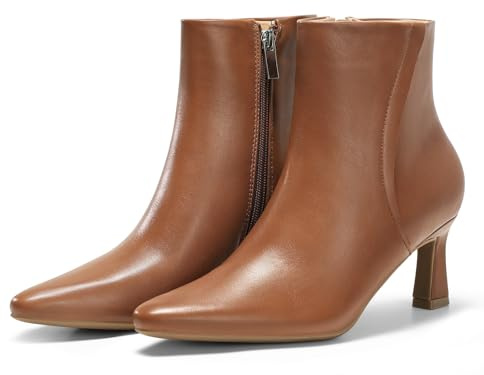 Coutgo Womens Ankle Boots Kitten Low Heel Closed Pointed Booties Side Zipper Winter Dress Shoes, Dark Brown, size 8