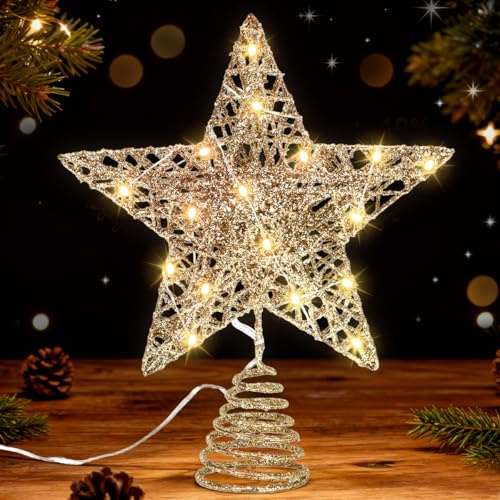 Puntale Albero di Natale Luminoso Oro, 25 cm Stella Albero di Natale Luminosa, puntale LED albero di natale Oro, Tree Topper Christmas, Decorazione per Stelle Cresta d'Oro dell'Albero