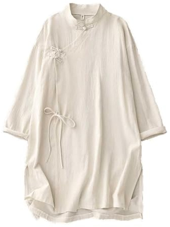 PEWRESLORS Camisa Hanfu de algodón y lino de longitud media para mujer, traje zen de té con abertura lateral, blusa Tai-chi, beige, XL