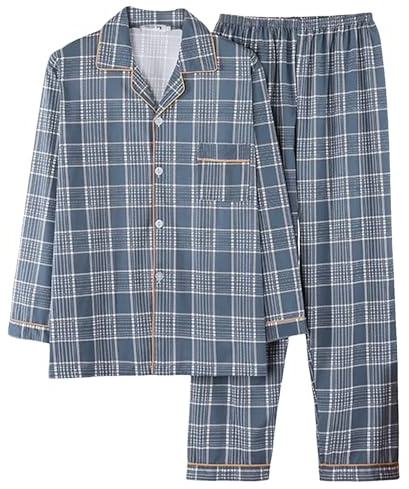 KBOPLEMQ Pigiama da uomo lungo in cotone, a quadretti, set da 2 pezzi, biancheria da notte a righe, con tasch e pantaloni da sonno, oversize, tuta sportiva, O blu., XXL