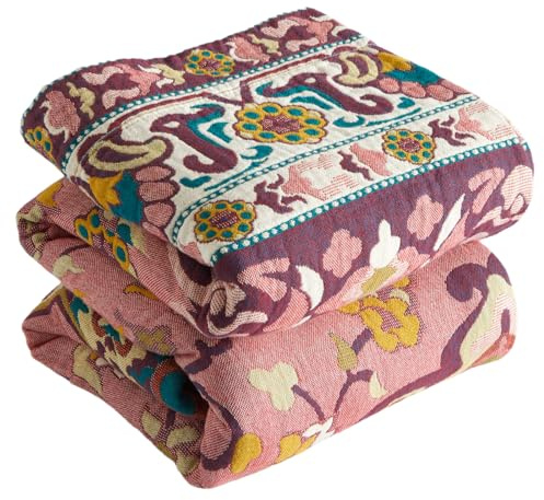 Bailix Premium Boho Manta de Doble Cara 100% Algodón Manta de Forro Polar Boho 230x250cm, Manta Acolchada para Sofá y Cubrecama, Manta de Patchwork, Manta de Verano para la Sala de Estar Rosa/Naranja