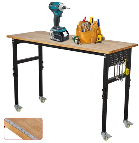 Adjustable Workbench, 900kg Heavy Duty Hardwood Work Table with 8 Adjustable Heights, Rubberwood Top, Scales & Power Panel, Ideal for Workshop, Garage, Office and Home