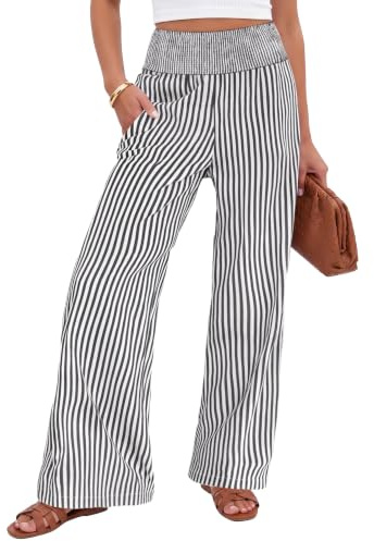 Xiaoliny Pantalones Mujer Verano de Rayas Pantalone Palazzo Cintura Elástica Alta Fruncida con Bolsillos Casual Transpirable Trousers Pierna Ancha Ligeros Fluido Pantalón Largo Holgado Moda Pants