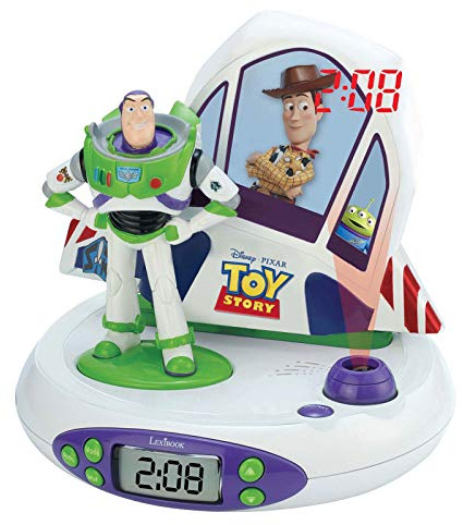 Lexibook - Disney Toy Story Buzz Woody - Réveil Projecteur, Veilleuse et Projection de l'heure au Plafond, Effets sonores, Garçon, Fille, à Piles, Blanc/Vert RP505TS