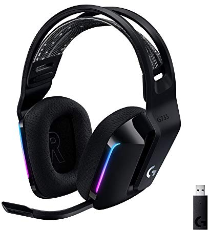Logitech G G733 LIGHTSPEED Wireless Gaming Headset with suspension headband, LIGHTSYNC RGB, Blue VO!CE mic technology and PRO-G audio drivers, Lightweight, 29 Hour battery life, 20m range - Black