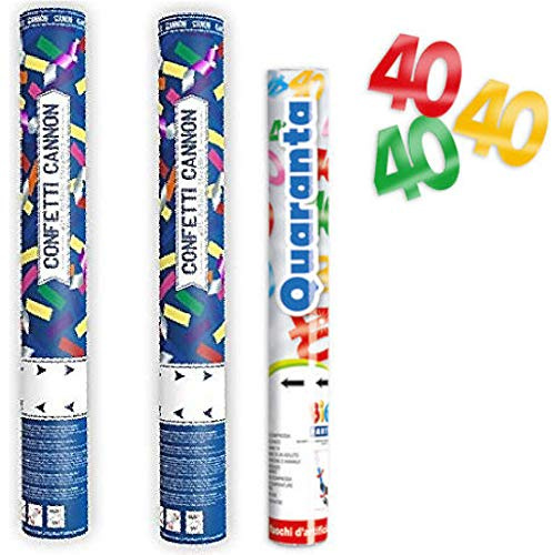 kit - 3x Cannone Tubo Sparacoriandoli multicolor e 40 multicolor, per compleanno, 40 anni, anniversario - set lancia coriandoli con coriandoli stelle filanti e coriandoli a forma di numero 40