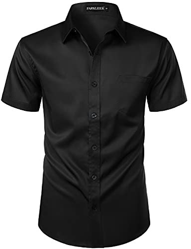 PARKLEES Mens Casual Urban Stylish Slim Fit Short Sleeve Button Up Dress Shirt with Pocket ZLSC15 Black L