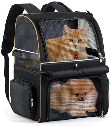 Lekebobor Double Cat Backpack Carrier for 2 Cats, Double-Compartment Pet Carrier Backpack for Two Small Cat or One Medium Cat, Cats Carrier Backpack Dog Carrier Backpack Fits Up to 24 Lbs,Black