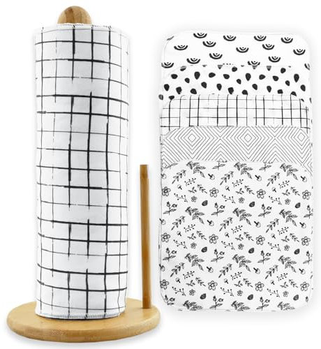 ROGITU 25 Pack Reusable Paper Towels, Paperless Towels Roll Washable Cotton Cloth for Kitchen Towels Zero Waste Products Alternative Paper Towels Alternative (Black White)